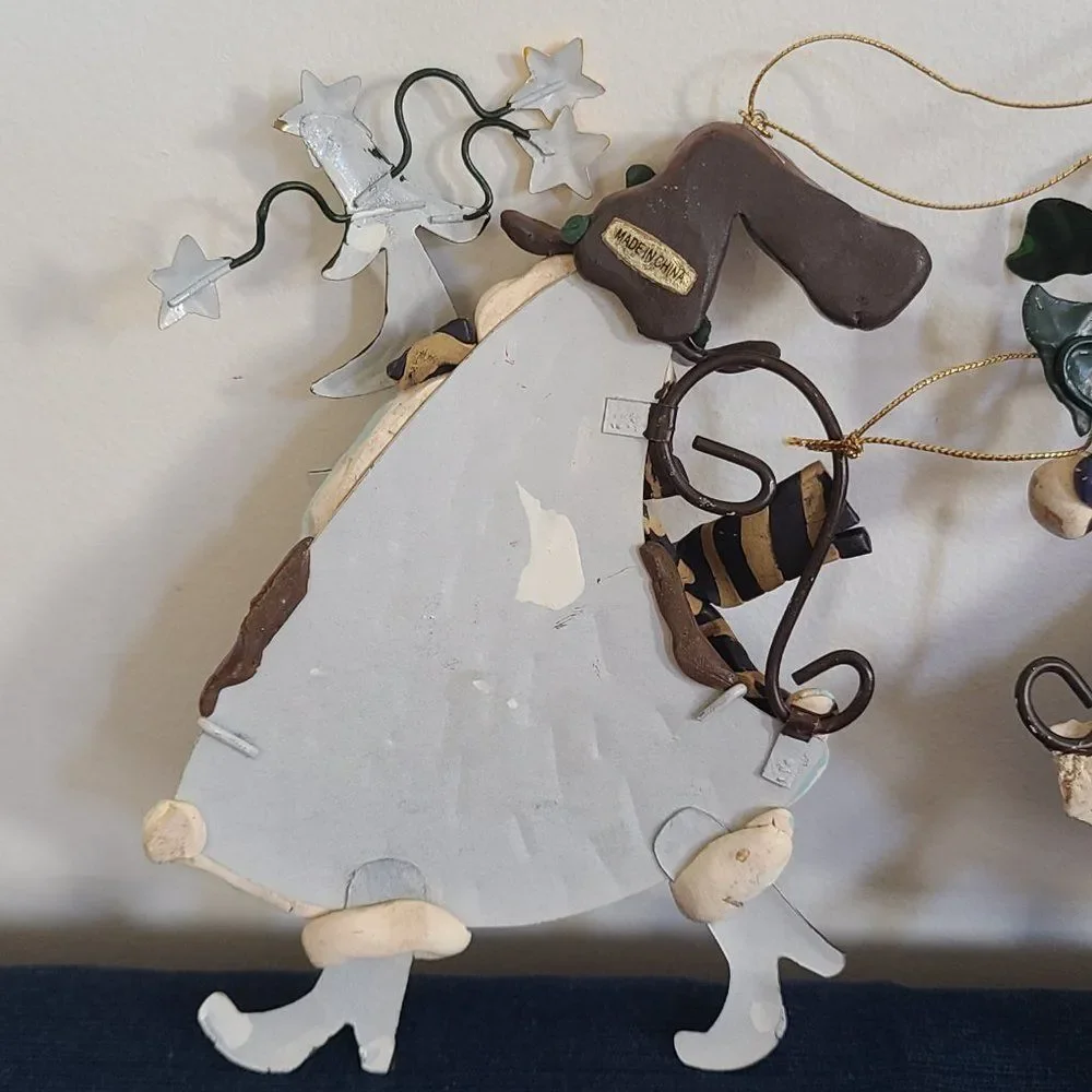 Large Metal & Clay Santa Claus & Snowman Winter Christmas Holiday Ornaments VTG